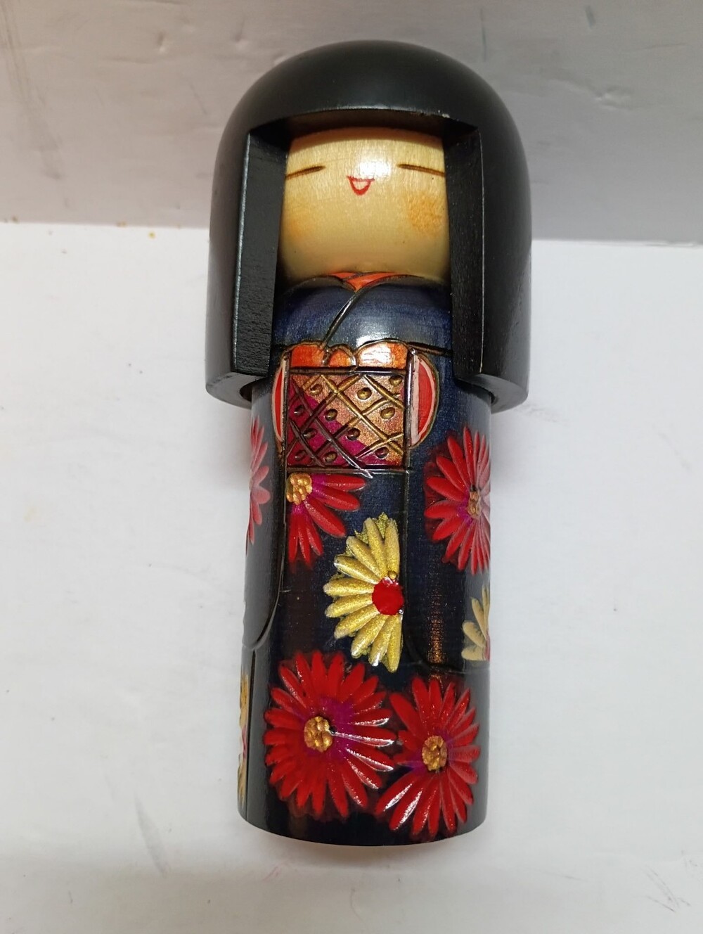 Japanese Sosaku Kokeshi Doll Red Kimono Floral Black Hair Wooden Stamp 5.5" Tall